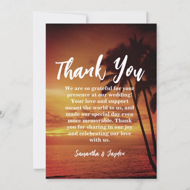 modern tropical beach wedding thank you cards (Front)