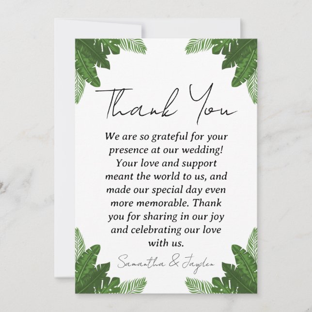 modern tropical beach wedding thank you cards (Front)