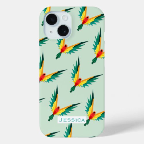 Modern Tropical Bird Pattern Blue Personalised iPhone 15 Case