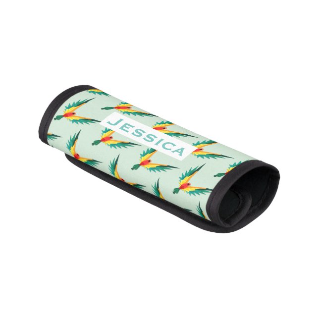 Modern Tropical Bird Pattern Blue Personalised Luggage Handle Wrap (Angled)