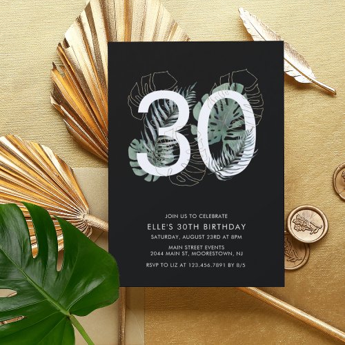 Modern Tropical Black 30th Birthday   Invitation