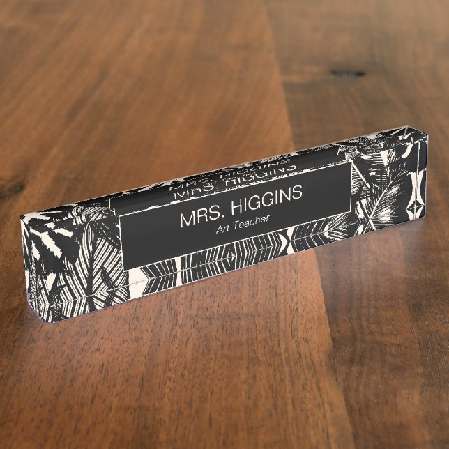 Modern Tropical Black Cream Leaves Custom Teacher Desk Name Plate (Side)