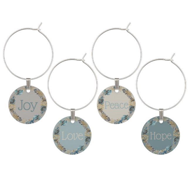 Modern Tropical Blue and Gold Christmas Wreaths Wine Charm (Staggered)