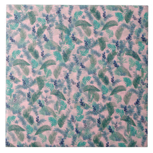 Modern Tropical Blue Foliage Pink Pattern Ceramic Tile