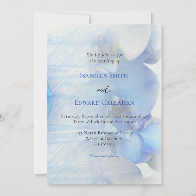 Modern Tropical Blue Orchid Floral Wedding Invitation (Front)