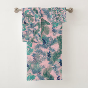 Modern Tropical Blue Pink Foliage Greenery Bath Towel Set