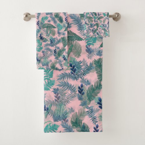 Modern Tropical Blue Pink Foliage Greenery Bath Towel Set