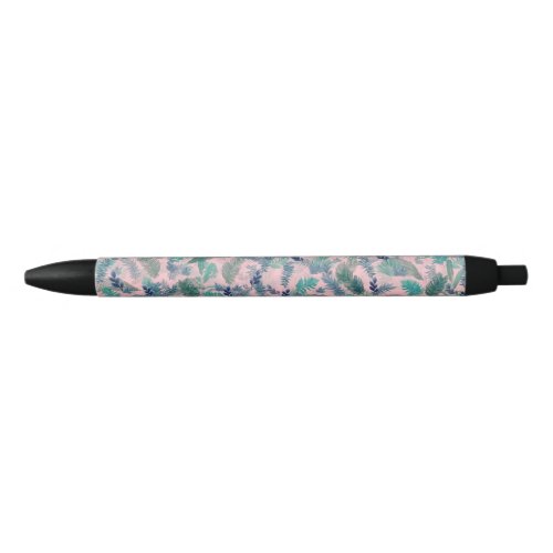 Modern Tropical Blue Pink Foliage Greenery Black Ink Pen