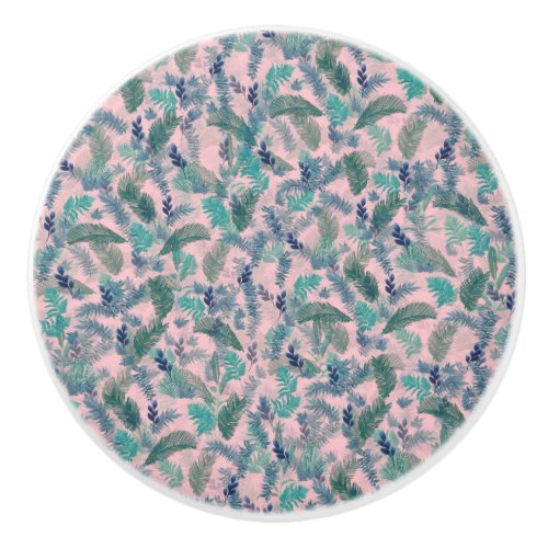 Modern Tropical Blue Pink Foliage Greenery Ceramic Knob