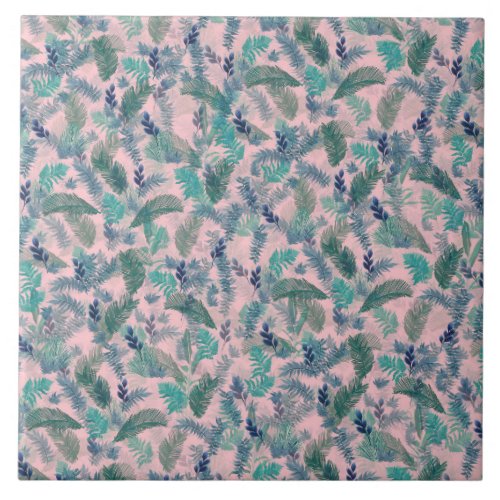 Modern Tropical Blue Pink Foliage Greenery Ceramic Tile