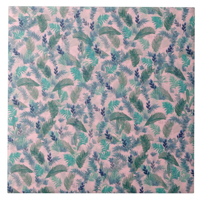 Modern Tropical Blue Pink Foliage Greenery Ceramic Tile (Front)