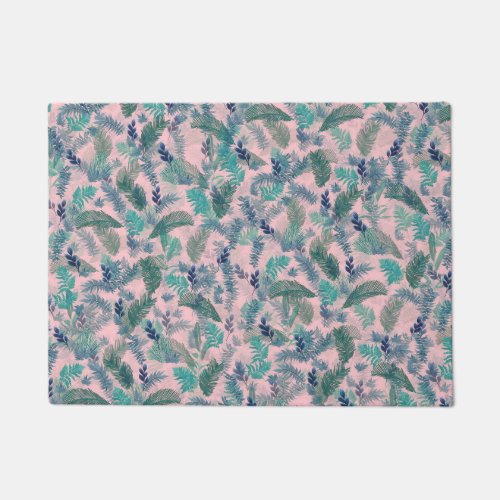 Modern Tropical Blue Pink Foliage Greenery Doormat