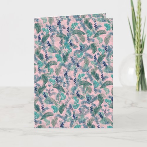 Modern Tropical Blue Pink Foliage Greenery Holiday Card