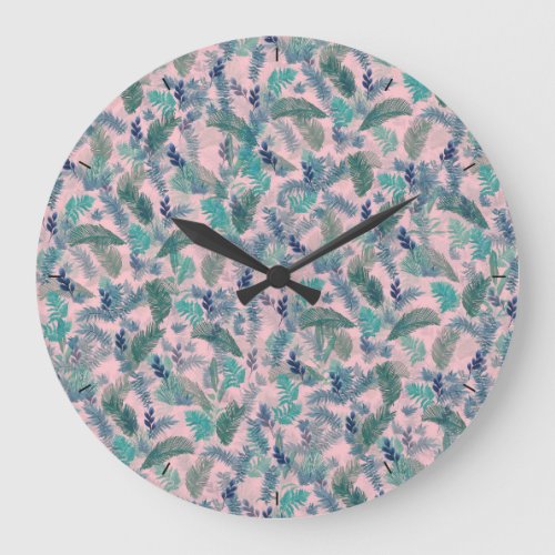 Modern Tropical Blue Pink Foliage Greenery Large Clock