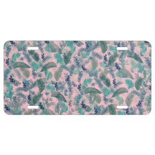 Modern Tropical Blue Pink Foliage Greenery License Plate
