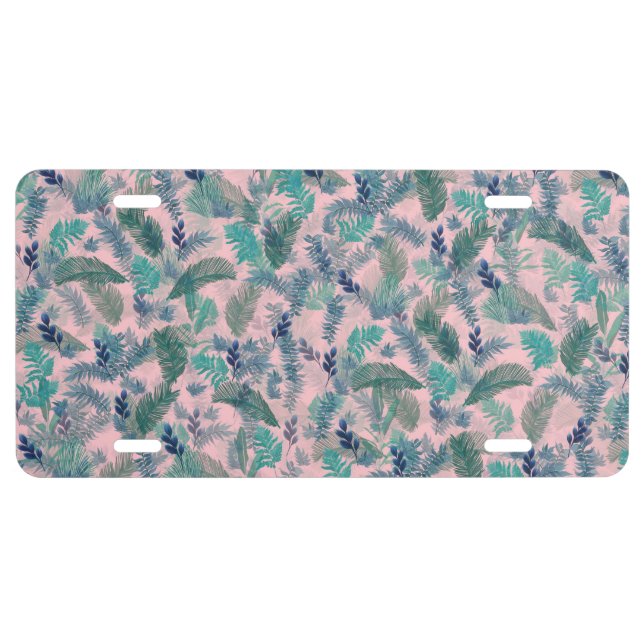 Modern Tropical Blue Pink Foliage Greenery License Plate (Front)