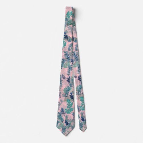 Modern Tropical Blue Pink Foliage Greenery Neck Tie