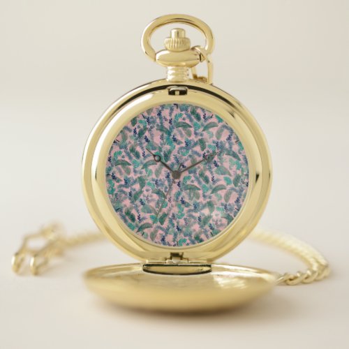 Modern Tropical Blue Pink Foliage Greenery Pocket Watch