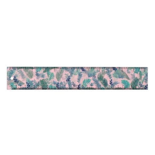 Modern Tropical Blue Pink Foliage Greenery Ruler