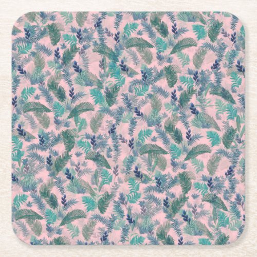 Modern Tropical Blue Pink Foliage Greenery Square Paper Coaster