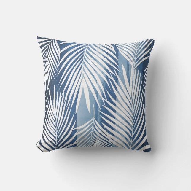 Modern Tropical Blue White Palm Leaves Outdoor Pillow (Front)