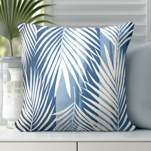 Modern Tropical Blue White Palm Leaves Throw Pillow (Discover Gorgeous Coastal Throw Pillows by Totally Coast)