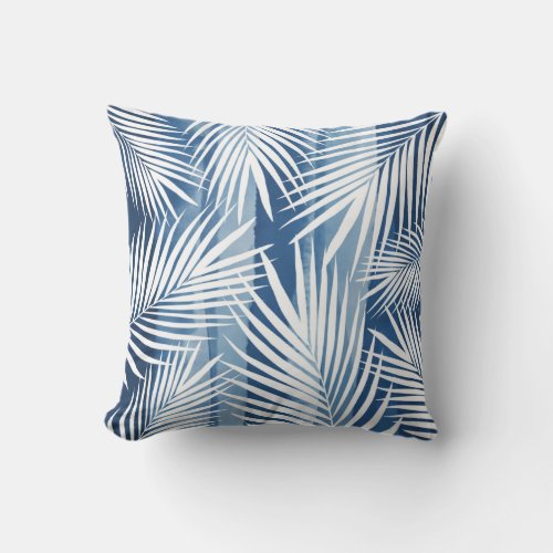 Modern Tropical Blue White Palm Leaves Throw Pillow