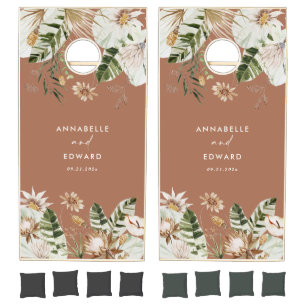 Modern tropical botanical chic terracotta wedding cornhole set