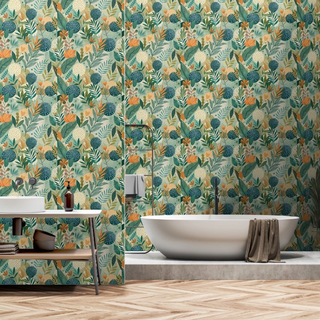 Modern Tropical Botanical Leaves Bathroom Wallpaper (Bathroom)