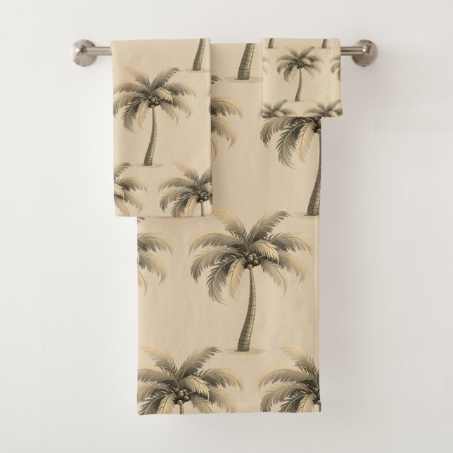 Modern Tropical Botanical Palm Trees on Beige Bath Towel Set (Insitu)
