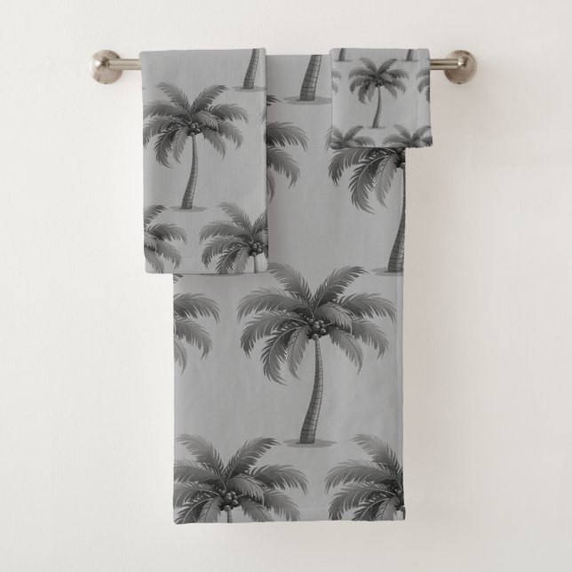 Modern Tropical Botanical Palm Trees on Gray Bath Towel Set (Insitu)