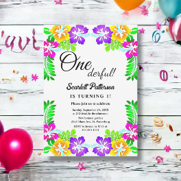 Modern Tropical Botanical Rose Floral 1st Birthday Invitation