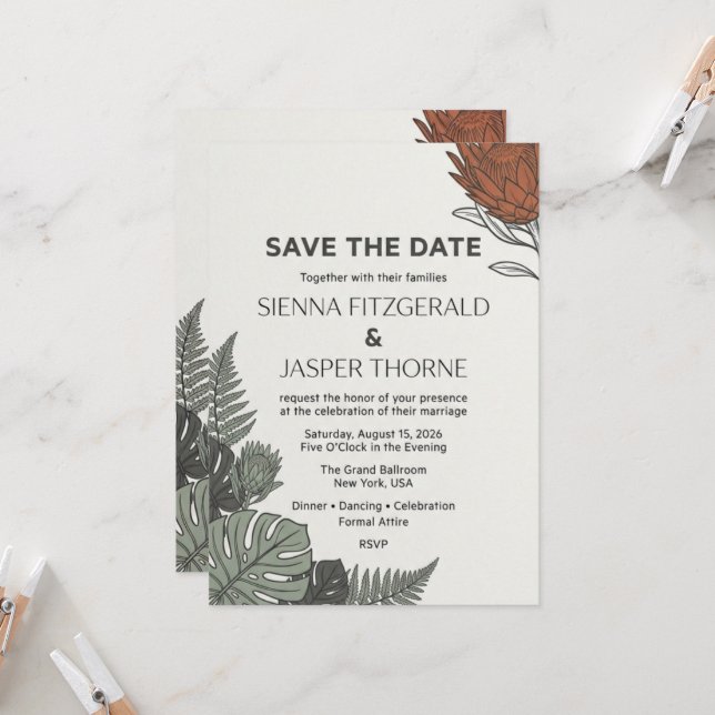 Modern Tropical Botanical Save the Date Card (Front/Back In Situ)