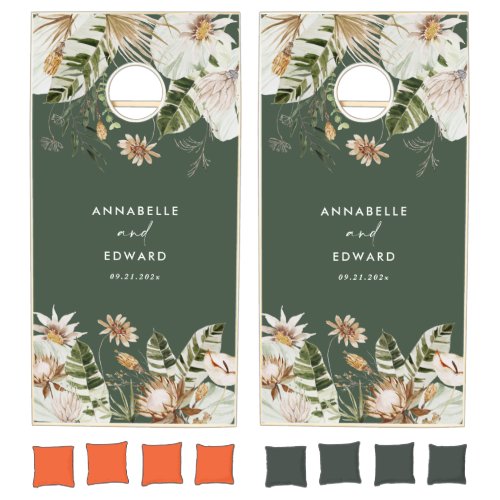 Modern tropical botanical watercolor green wedding cornhole set