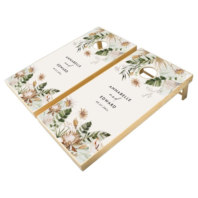 Modern tropical botanical watercolour wedding cornhole set (Angled)