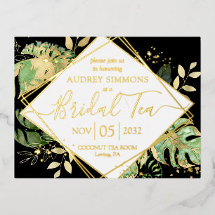 Modern Tropical Bridal Tea Shower Black & Gold Foil Invitation Postcard