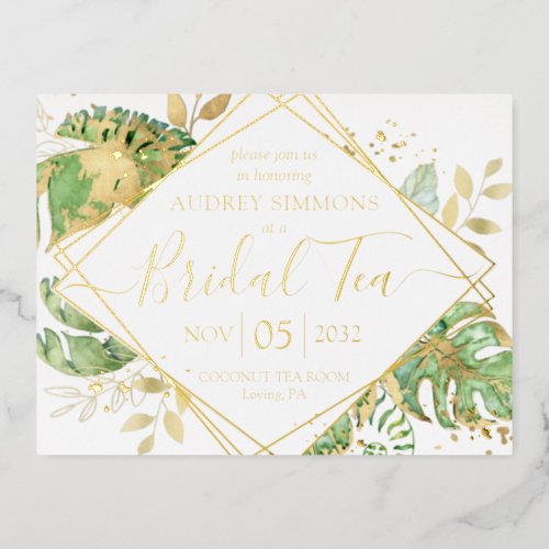 Modern Tropical Bridal Tea Shower Gold Foil Invitation Postcard