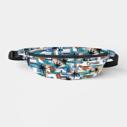 Modern Tropical Checked Pattern Blue Monogram Fanny Pack