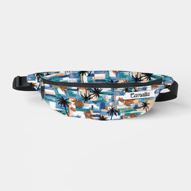 Modern Tropical Checked Pattern Blue Monogram Fanny Pack (Front)