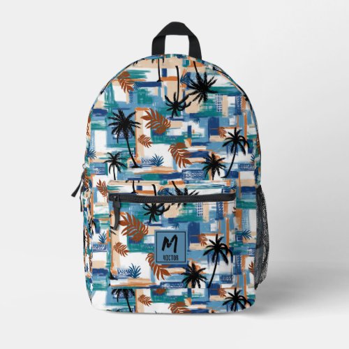 Modern Tropical Checked Pattern Blue Monogram Printed Backpack