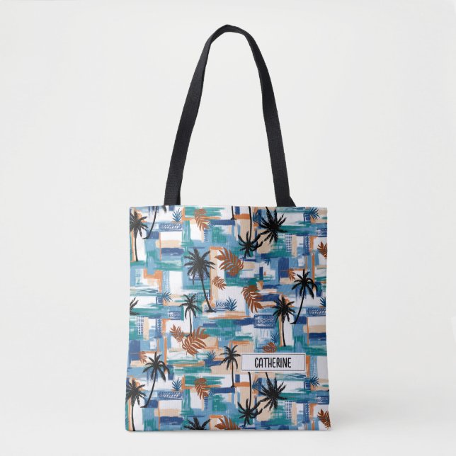 Modern Tropical Checked Pattern Blue Monogram Tote Bag (Front)