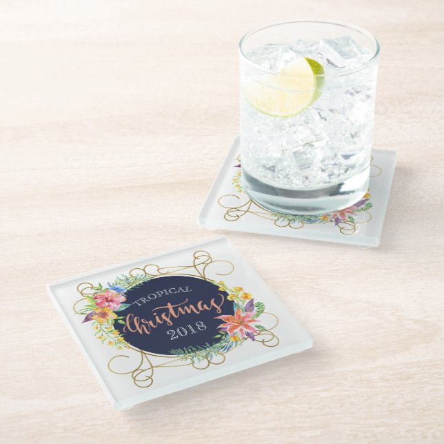 Modern Tropical Christmas Typography & Flowers Glass Coaster (Angled)