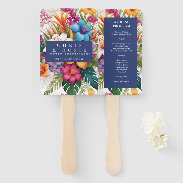 Modern Tropical Colorful Fall wedding program Hand Fan (Front and Back)