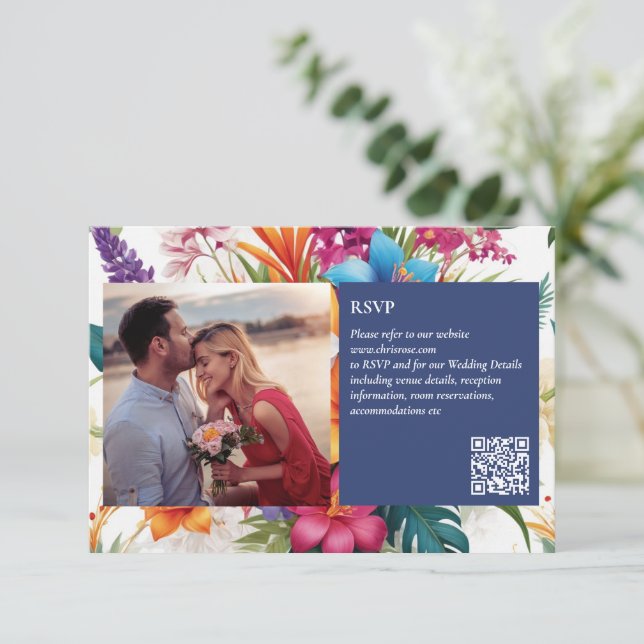 Modern Tropical Colorful Fall wedding RSVP card (Standing Front)