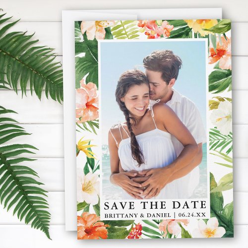 Modern Tropical Coral Floral Photo  Save The Date