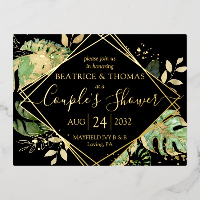 Modern Tropical Couple's Shower Gold Foil Invitation Postcard (Front)