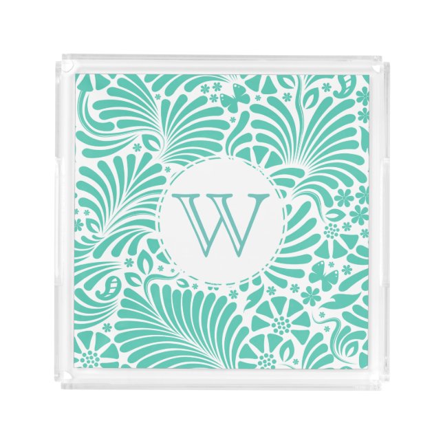 Modern Tropical Damask Monogram Acrylic Tray (Front)