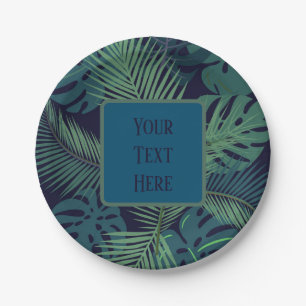modern tropical dark palm leaf, fig leaves jungle paper plates