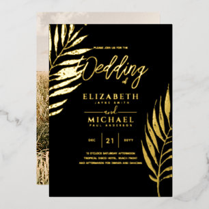 Modern Tropical Disco Gold PHOTO Wedding Foil Invitation