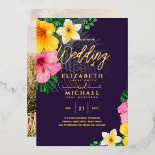 Modern Tropical Disco Gold PHOTO Wedding Foil Invitation